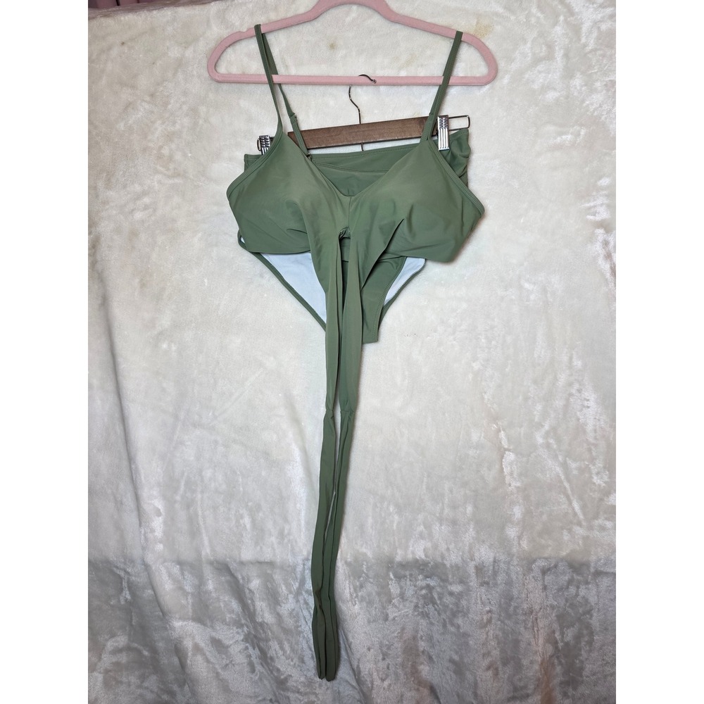Olive Green High Waisted Bikini Set V-Neck Tie Front Two Piece Swimsuit L